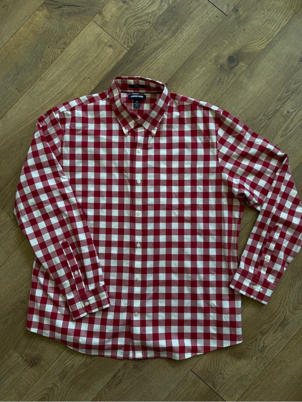 Lands' End No Iron Twill Red & White Check Button-Down Shirt